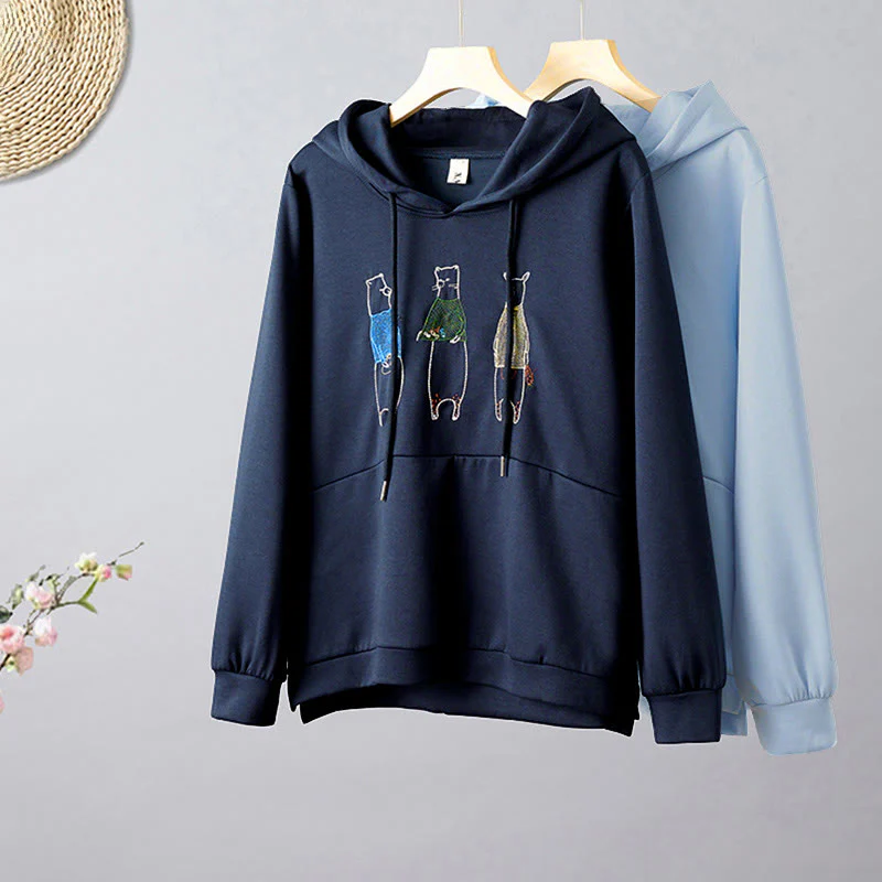 Felpa con cappuccio da donna a maniche lunghe con ricamo autunnale Buddha Stones Bear - Image 2