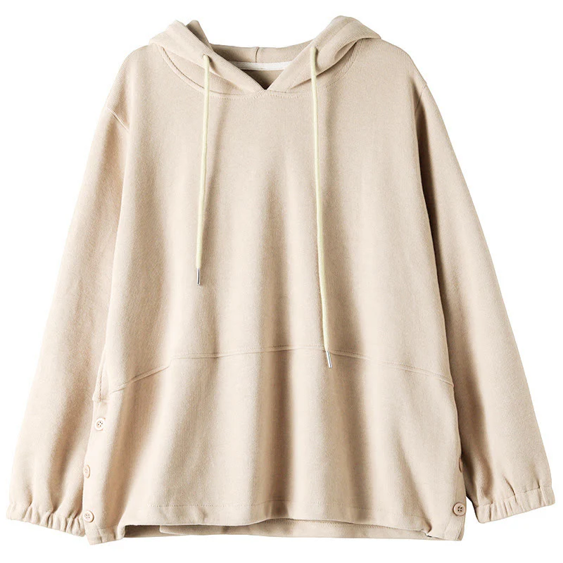 Felpa con cappuccio da donna a maniche lunghe in cotone con bottoni laterali e tinta unita Buddha Stones Fall - Image 10