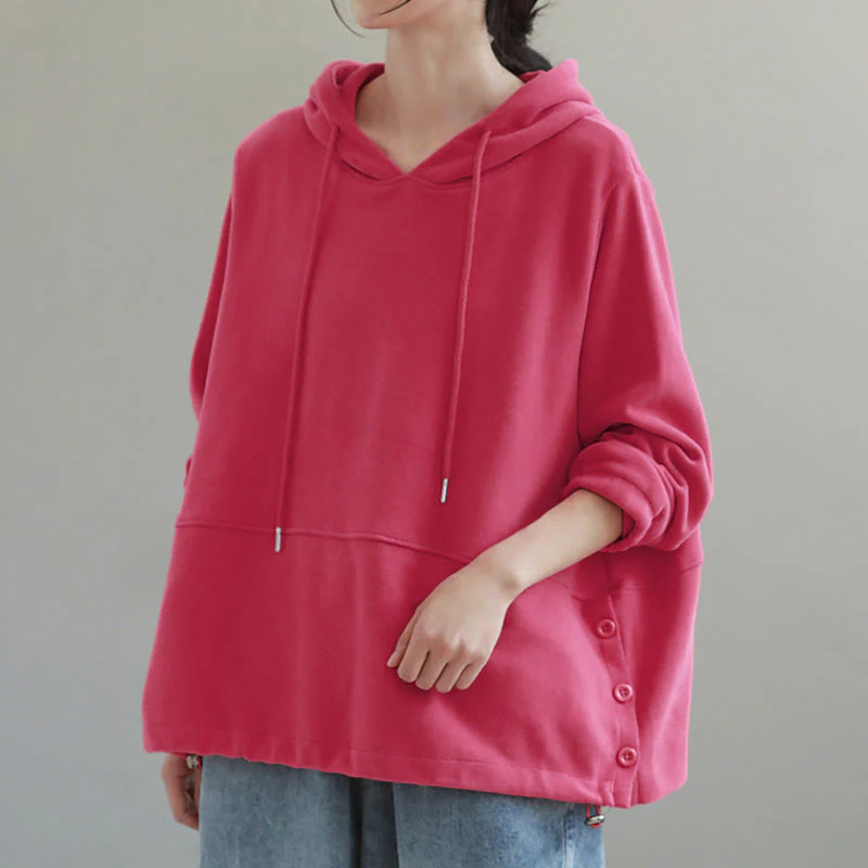 Felpa con cappuccio da donna a maniche lunghe in cotone con bottoni laterali e tinta unita Buddha Stones Fall - Image 11