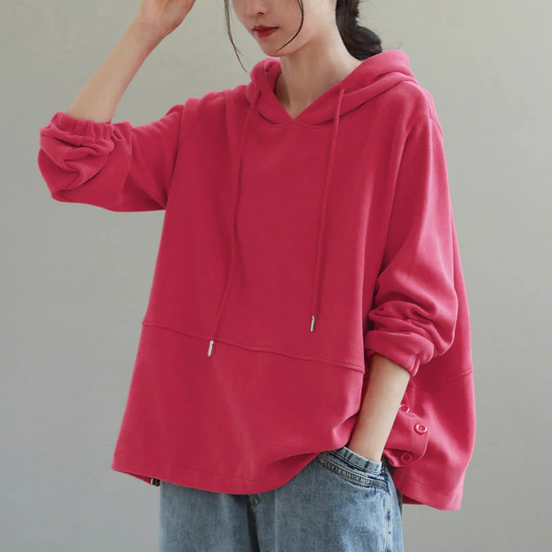 Felpa con cappuccio da donna a maniche lunghe in cotone con bottoni laterali e tinta unita Buddha Stones Fall - Image 12