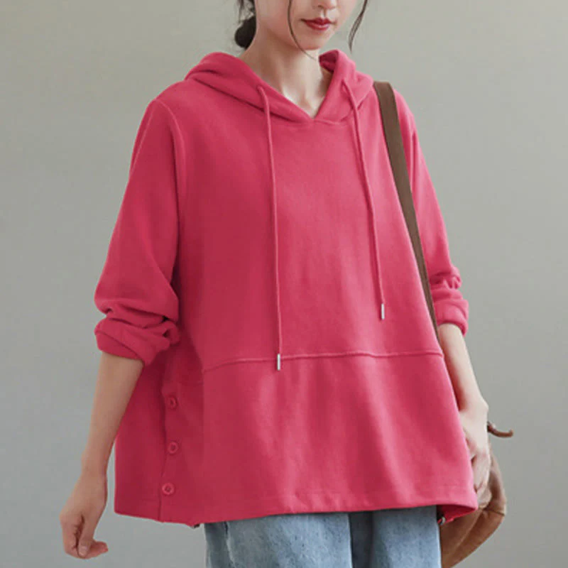 Felpa con cappuccio da donna a maniche lunghe in cotone con bottoni laterali e tinta unita Buddha Stones Fall - Image 13