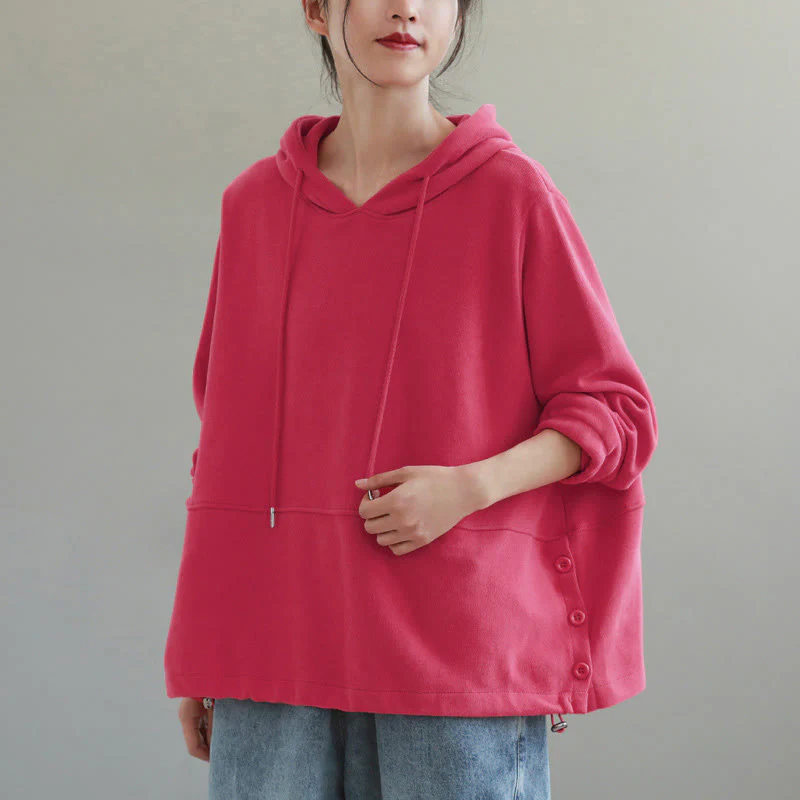 Felpa con cappuccio da donna a maniche lunghe in cotone con bottoni laterali e tinta unita Buddha Stones Fall - Image 16