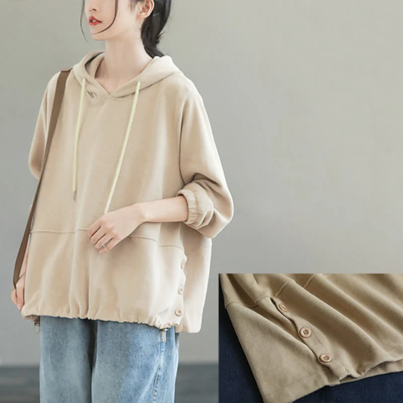 Felpa con cappuccio da donna a maniche lunghe in cotone con bottoni laterali e tinta unita Buddha Stones Fall - Image 7