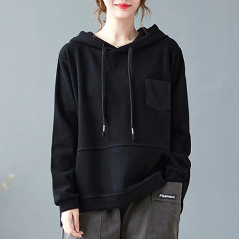 Felpa con cappuccio da donna a maniche lunghe in cotone con tasca decorativa e motivo Buddha Stones Fall Tinta unita - Image 22
