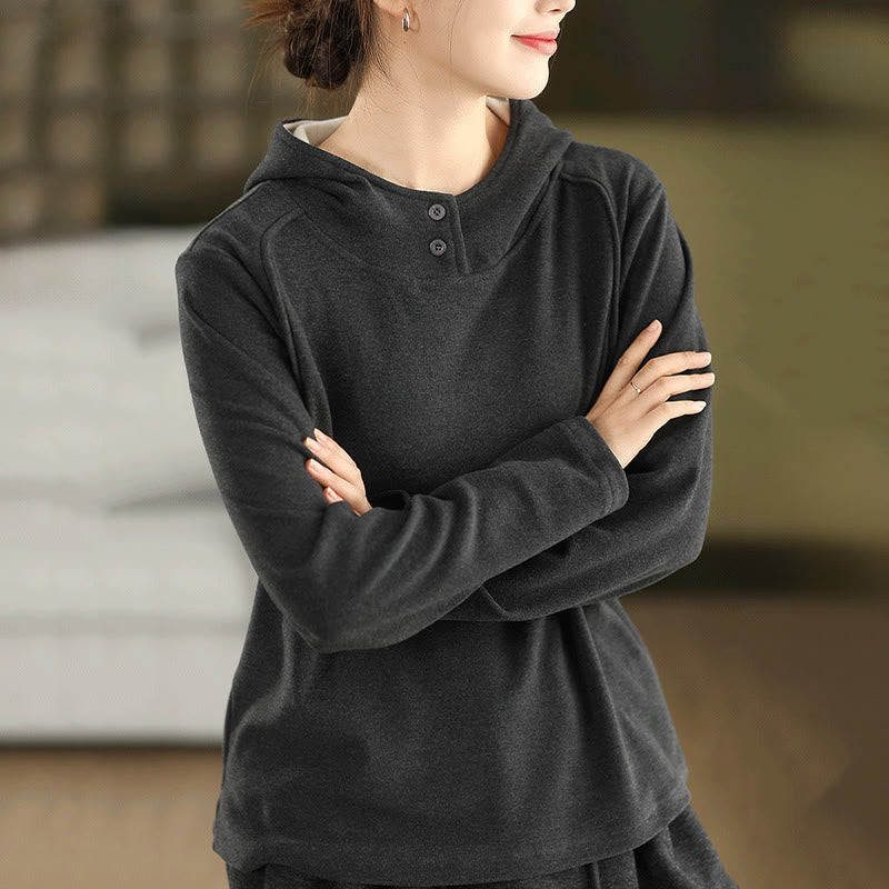 Felpa con cappuccio da donna a maniche lunghe in cotone spesso tinta unita invernale Buddha Stones con cappuccio - Image 12