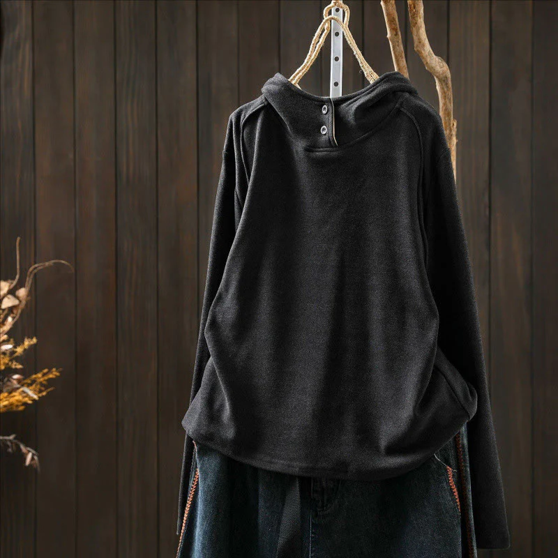 Felpa con cappuccio da donna a maniche lunghe in cotone spesso tinta unita invernale Buddha Stones con cappuccio - Image 13