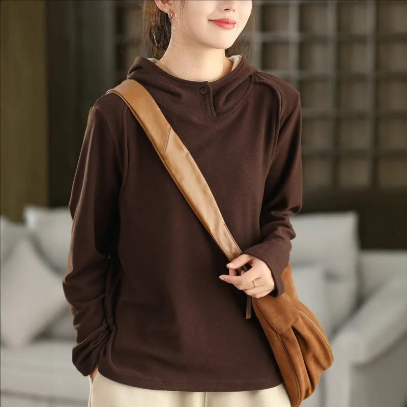 Felpa con cappuccio da donna a maniche lunghe in cotone spesso tinta unita invernale Buddha Stones con cappuccio - Image 15