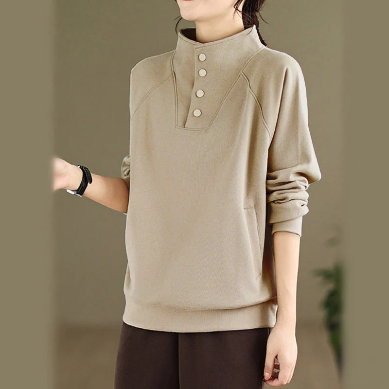 Felpa da donna in cotone a maniche lunghe con colletto rialzato e bottoni, modello Buddha Stones Fall Solid - Image 25