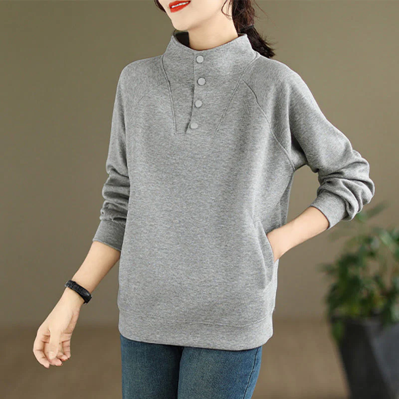 Felpa da donna in cotone a maniche lunghe con colletto rialzato e bottoni, modello Buddha Stones Fall Solid - Image 8