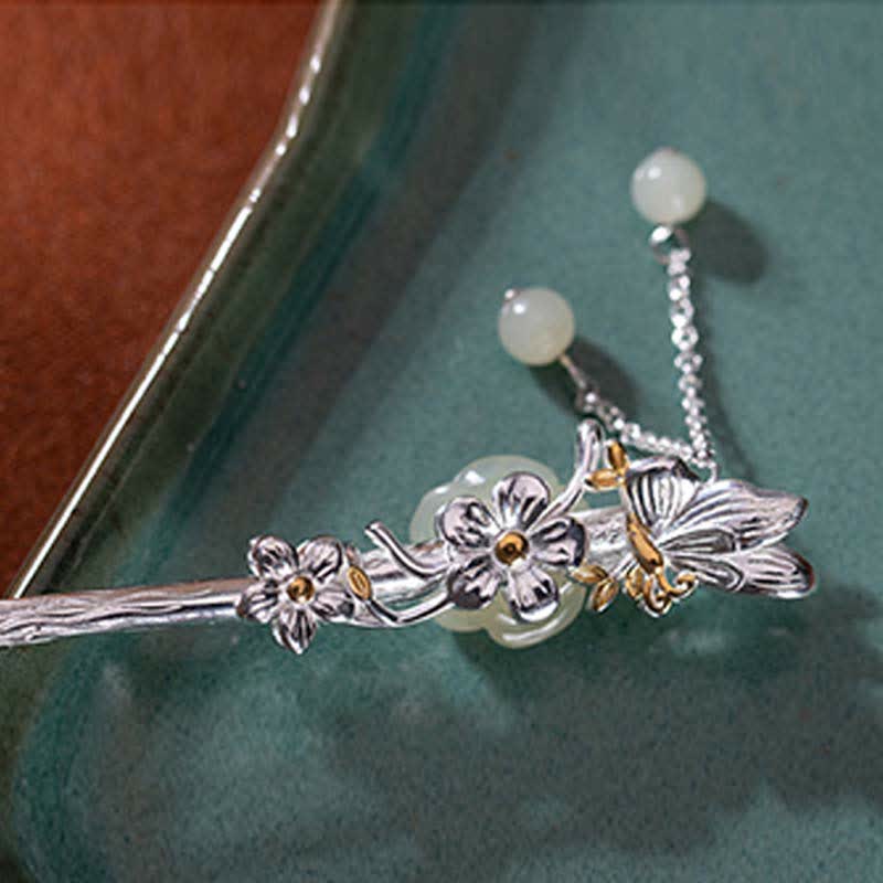 Forcina per capelli con fiore di giada bianca Hetian in argento sterling 925 - Image 10