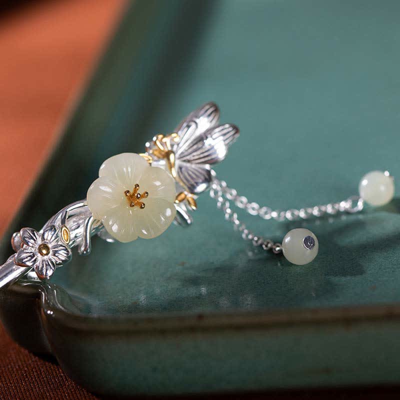 Forcina per capelli con fiore di giada bianca Hetian in argento sterling 925 - Image 11