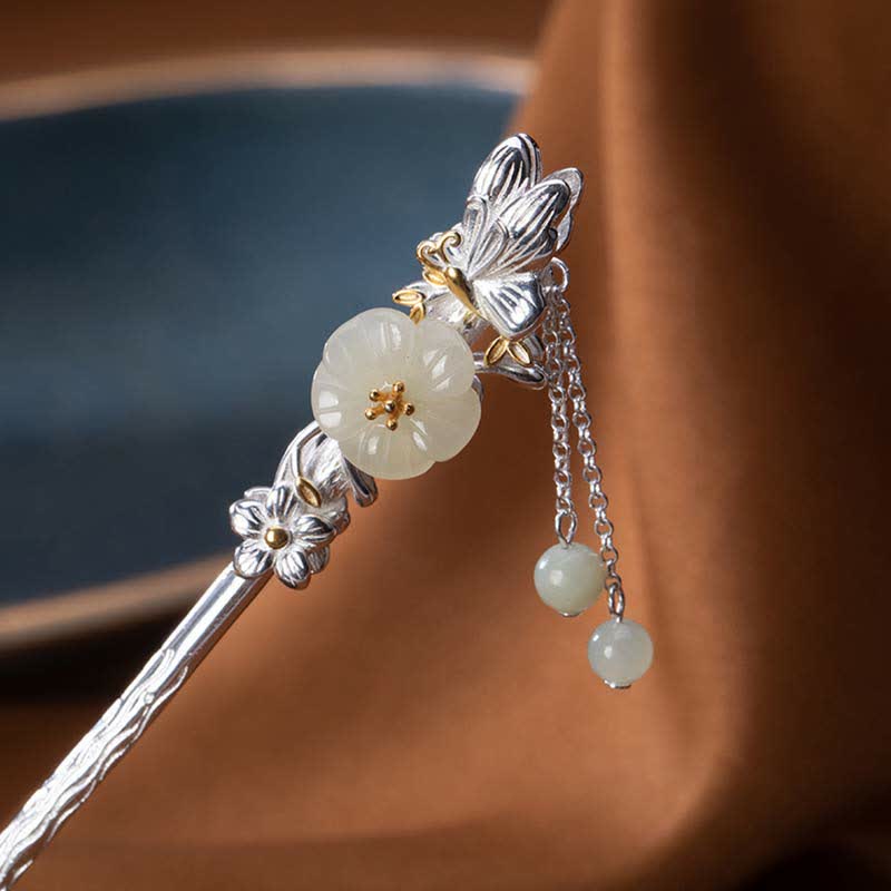 Forcina per capelli con fiore di giada bianca Hetian in argento sterling 925 - Image 12