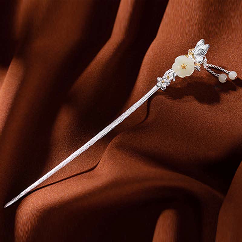 Forcina per capelli con fiore di giada bianca Hetian in argento sterling 925 - Image 13