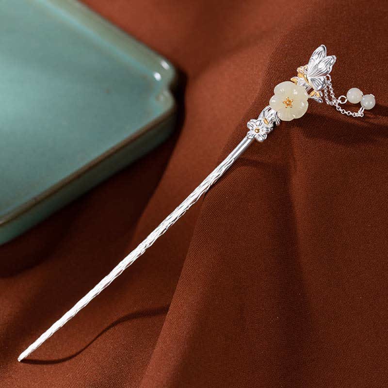 Forcina per capelli con fiore di giada bianca Hetian in argento sterling 925 - Image 15