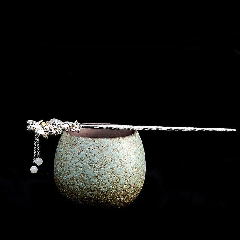 Forcina per capelli con fiore di giada bianca Hetian in argento sterling 925 - Image 17
