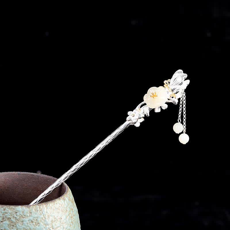 Forcina per capelli con fiore di giada bianca Hetian in argento sterling 925 - Image 18