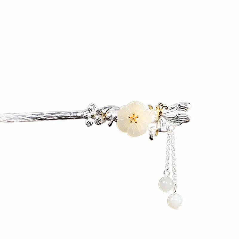Forcina per capelli con fiore di giada bianca Hetian in argento sterling 925 - Image 19
