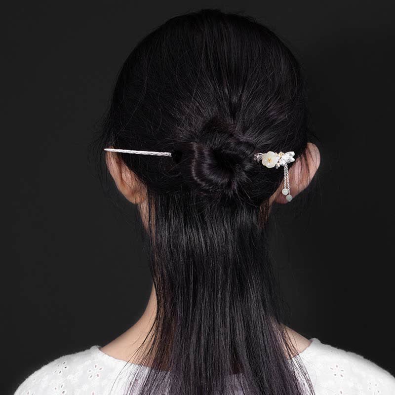 Forcina per capelli con fiore di giada bianca Hetian in argento sterling 925 - Image 4