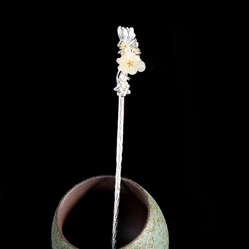 Forcina per capelli con fiore di giada bianca Hetian in argento sterling 925 - Image 6