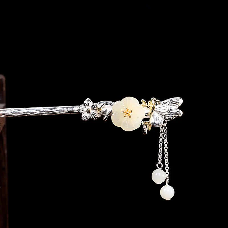 Forcina per capelli con fiore di giada bianca Hetian in argento sterling 925 - Image 7