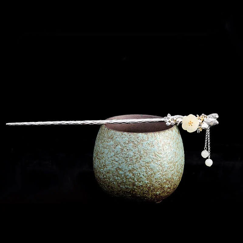 Forcina per capelli con fiore di giada bianca Hetian in argento sterling 925 - Image 8