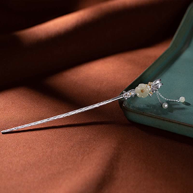 Forcina per capelli con fiore di giada bianca Hetian in argento sterling 925 - Image 9