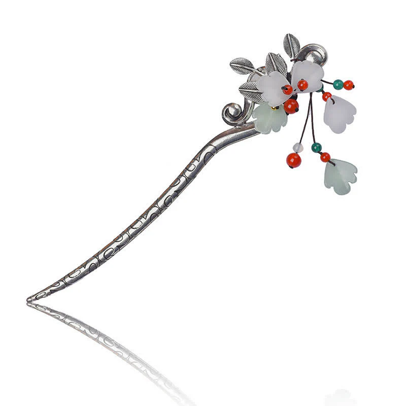 Forcina per capelli con nappa a forma di fiore di agata rossa, foglia, calma e sicurezza - Image 7