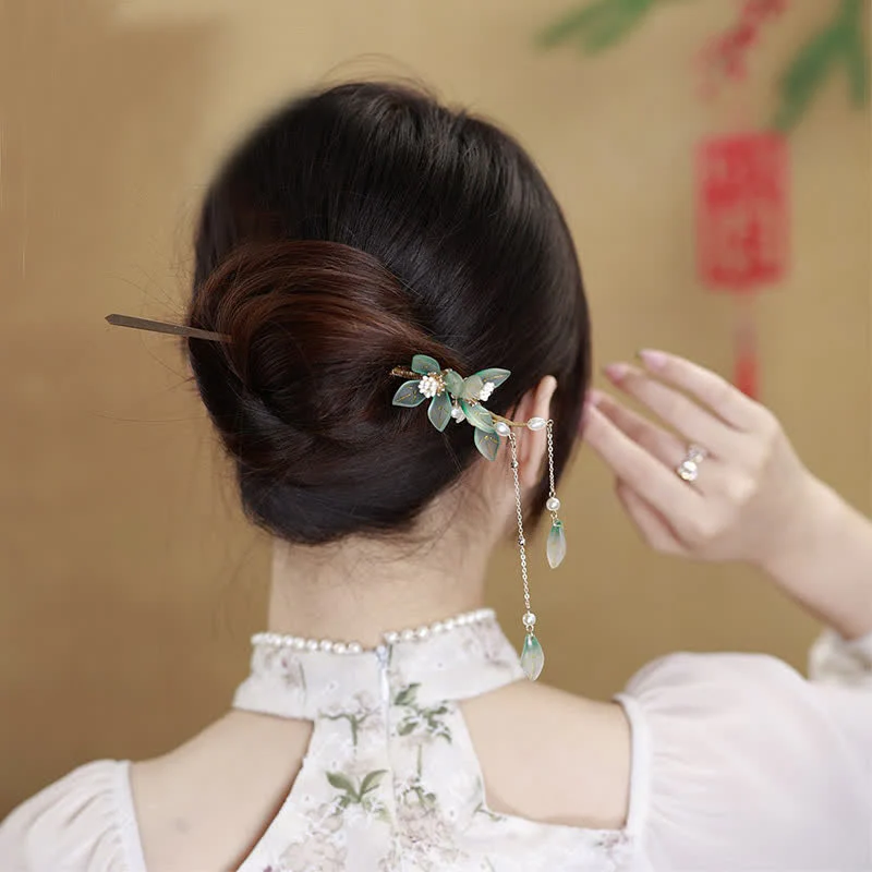 Forcina per capelli con nappa di pace, foglia e perla - Image 3