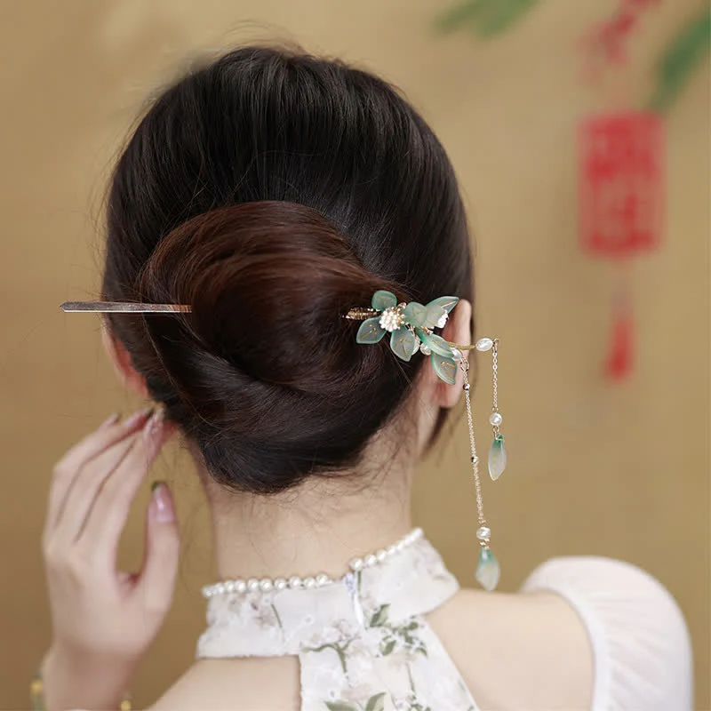 Forcina per capelli con nappa di pace, foglia e perla - Image 4