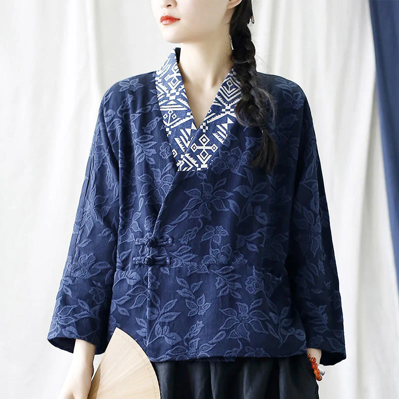 Giacca a maniche lunghe con scollo a V e motivo floreale in jacquard Buddha Stones - Image 29