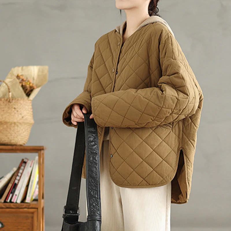Giacca a maniche lunghe trapuntata a rombi in cotone termico con bottoni e tasche da donna Buddha Stones - Image 3