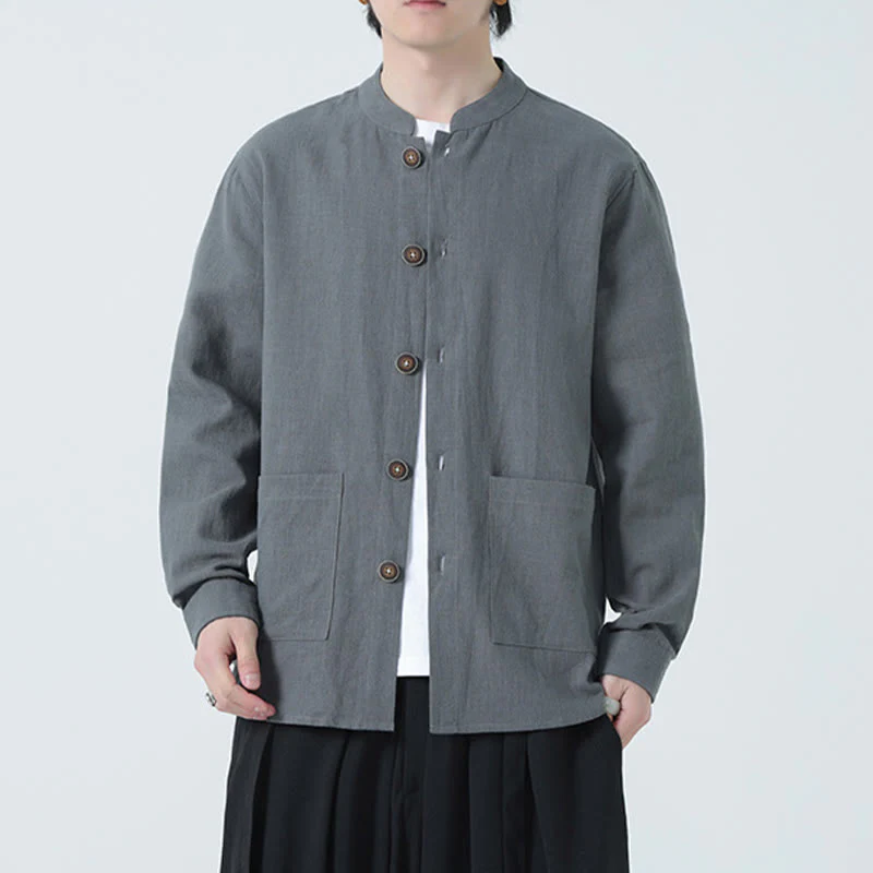 Giacca camicia foderata in pile di cotone e lino ramiè con bottoni da uomo Buddha Stones con tasche