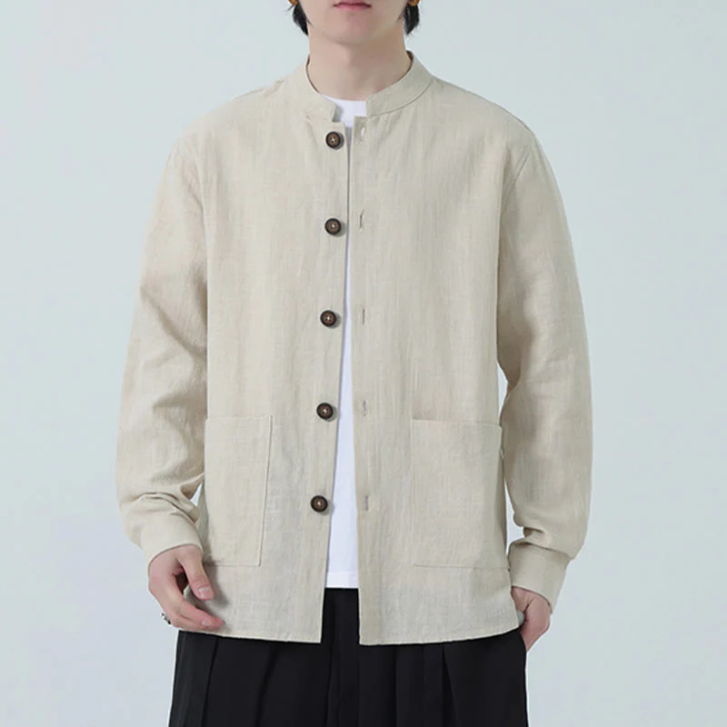 Giacca camicia foderata in pile di cotone e lino ramiè con bottoni da uomo Buddha Stones con tasche - Image 11