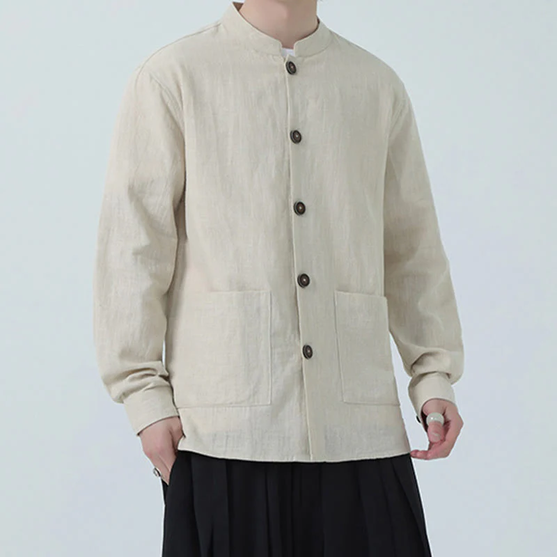 Giacca camicia foderata in pile di cotone e lino ramiè con bottoni da uomo Buddha Stones con tasche - Image 12