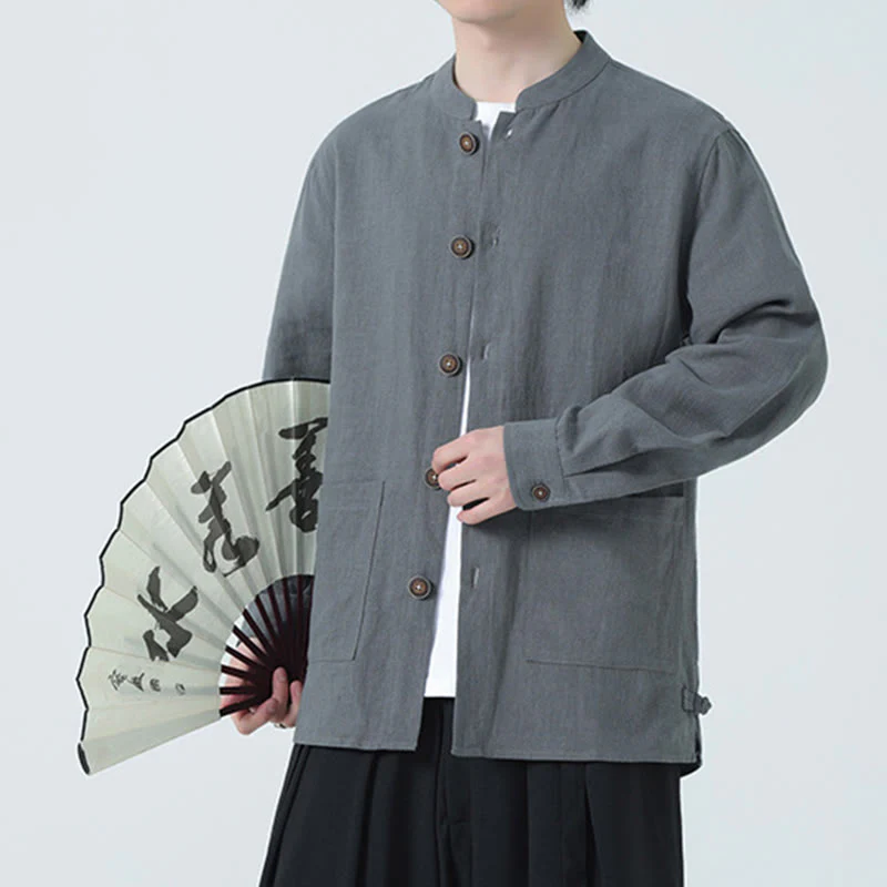 Giacca camicia foderata in pile di cotone e lino ramiè con bottoni da uomo Buddha Stones con tasche - Image 14