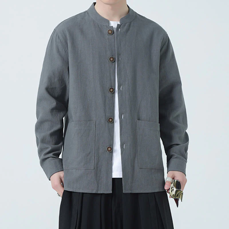 Giacca camicia foderata in pile di cotone e lino ramiè con bottoni da uomo Buddha Stones con tasche - Image 16