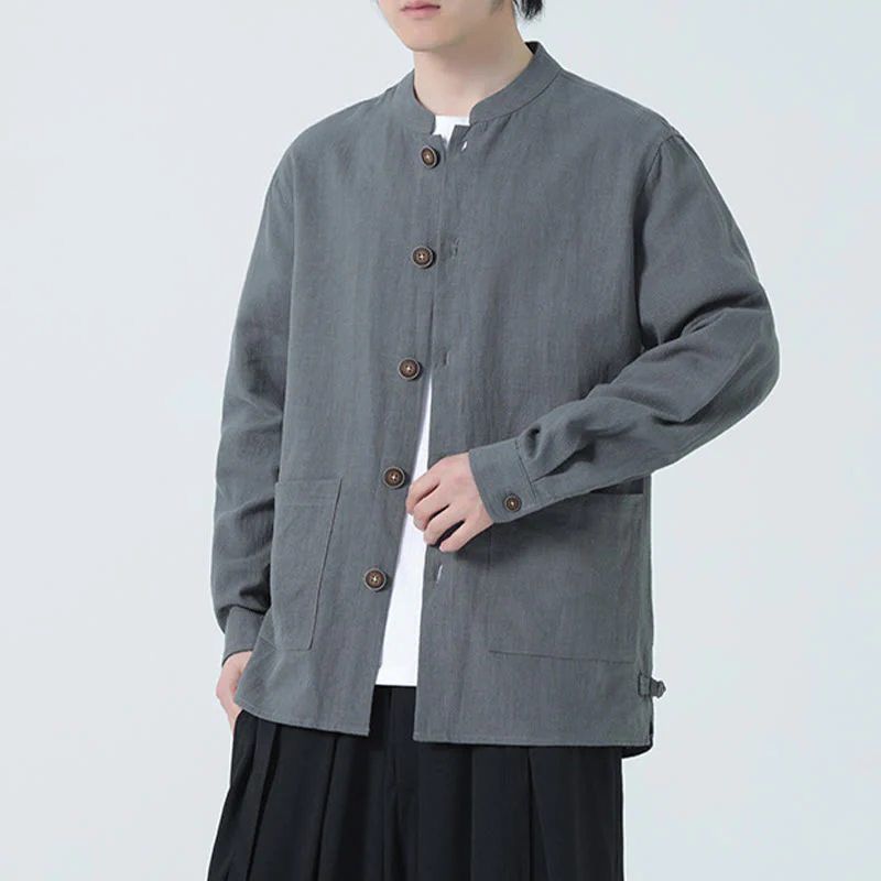 Giacca camicia foderata in pile di cotone e lino ramiè con bottoni da uomo Buddha Stones con tasche - Image 17