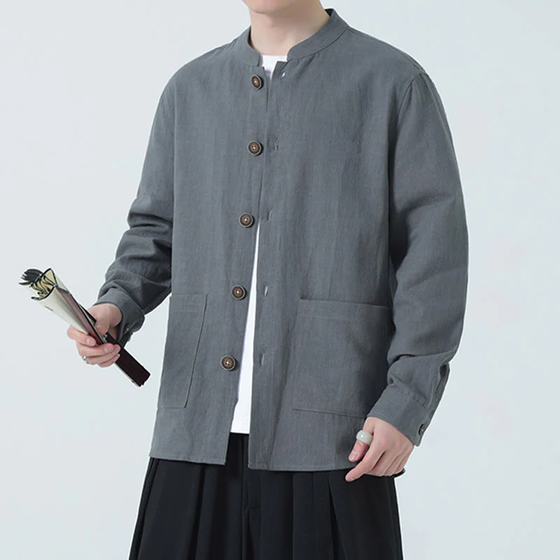 Giacca camicia foderata in pile di cotone e lino ramiè con bottoni da uomo Buddha Stones con tasche - Image 18