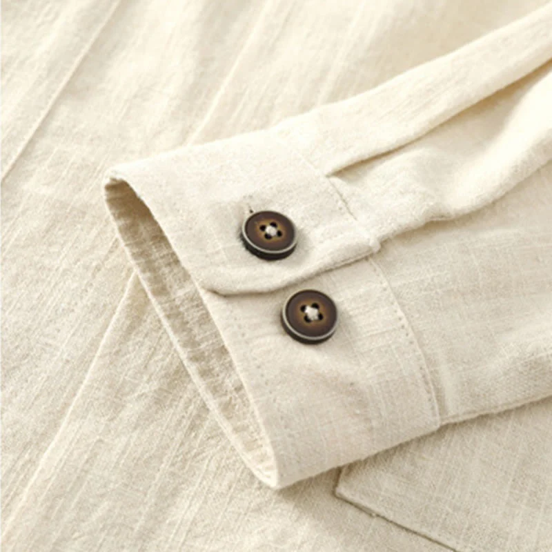 Giacca camicia foderata in pile di cotone e lino ramiè con bottoni da uomo Buddha Stones con tasche - Image 19