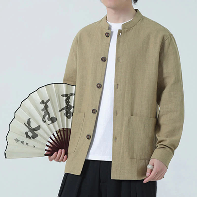 Giacca camicia foderata in pile di cotone e lino ramiè con bottoni da uomo Buddha Stones con tasche - Image 27
