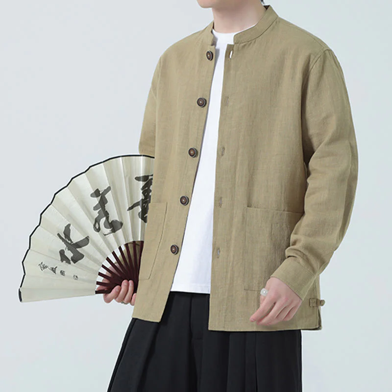 Giacca camicia foderata in pile di cotone e lino ramiè con bottoni da uomo Buddha Stones con tasche - Image 30
