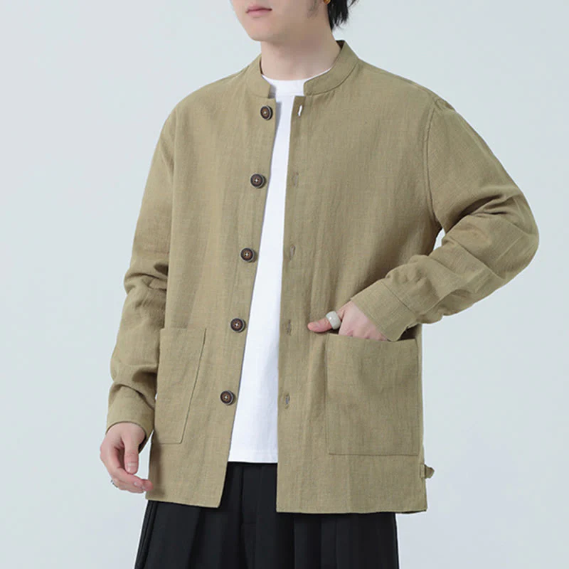 Giacca camicia foderata in pile di cotone e lino ramiè con bottoni da uomo Buddha Stones con tasche - Image 33