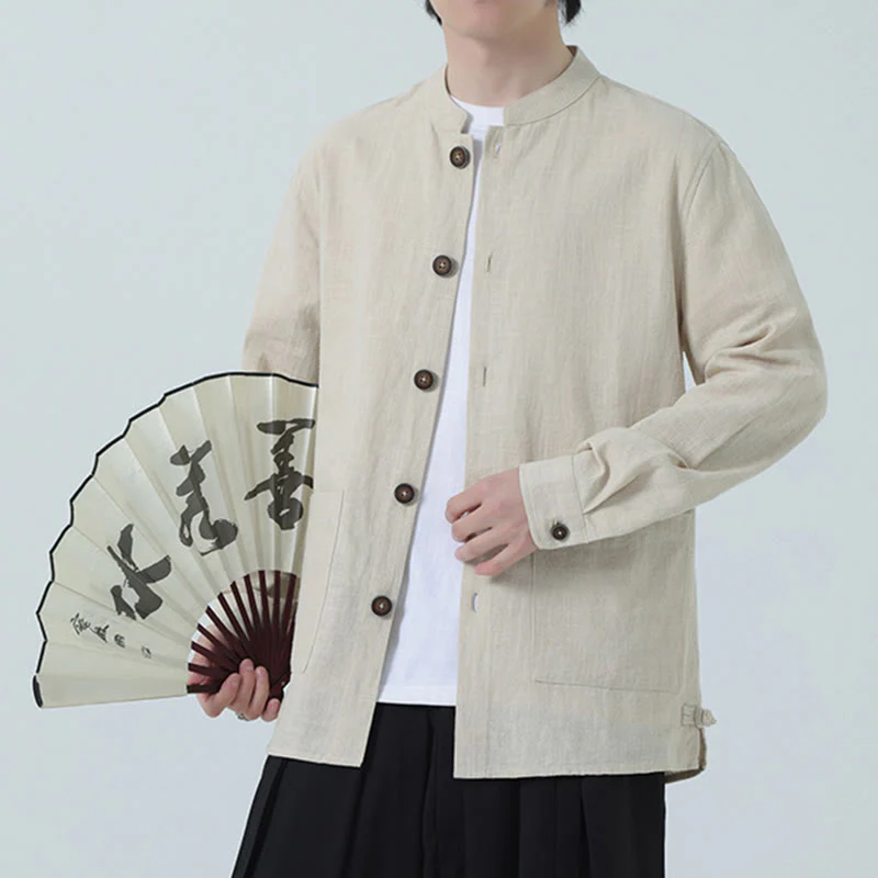 Giacca camicia foderata in pile di cotone e lino ramiè con bottoni da uomo Buddha Stones con tasche - Image 8