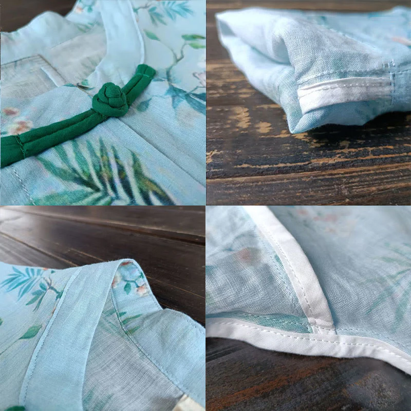 Giacca camicia in lino ramiè a maniche lunghe con bottoni a rana , Buddha Stones, fiori rosa verde chiaro, foglie verdi - Image 10
