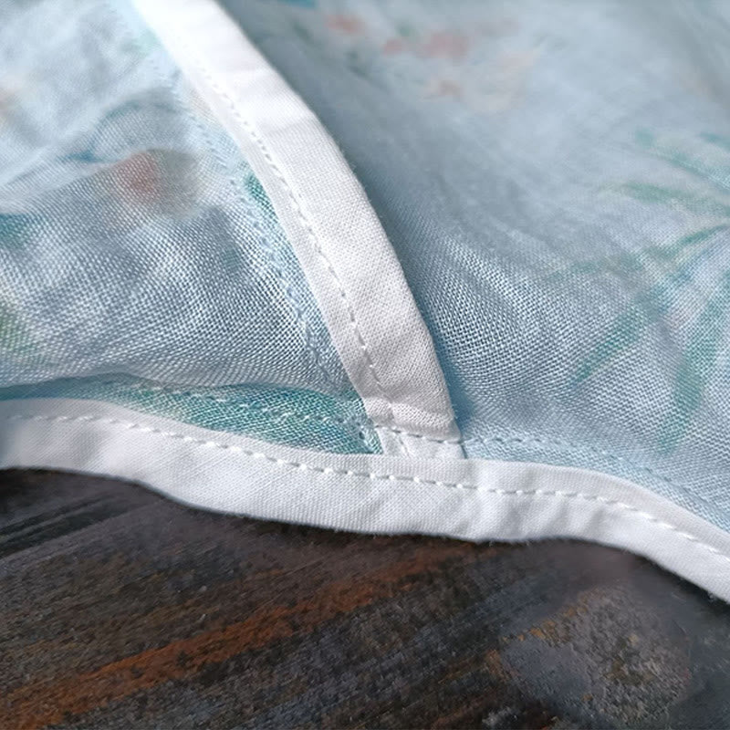 Giacca camicia in lino ramiè a maniche lunghe con bottoni a rana , Buddha Stones, fiori rosa verde chiaro, foglie verdi - Image 14