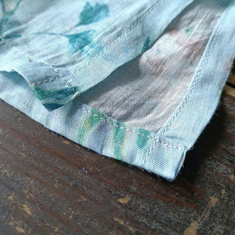 Giacca camicia in lino ramiè a maniche lunghe con bottoni a rana , Buddha Stones, fiori rosa verde chiaro, foglie verdi - Image 16