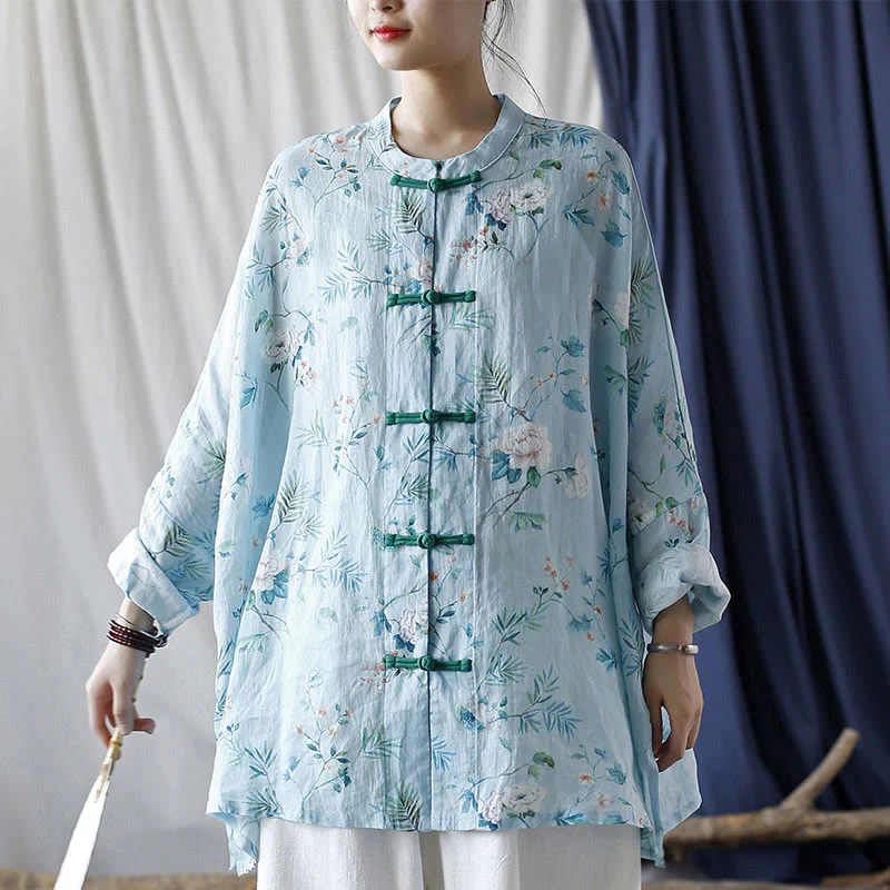 Giacca camicia in lino ramiè a maniche lunghe con bottoni a rana , Buddha Stones, fiori rosa verde chiaro, foglie verdi - Image 2