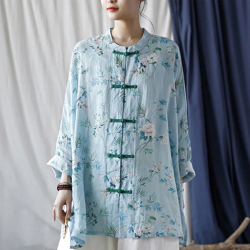 Giacca camicia in lino ramiè a maniche lunghe con bottoni a rana , Buddha Stones, fiori rosa verde chiaro, foglie verdi - Image 20