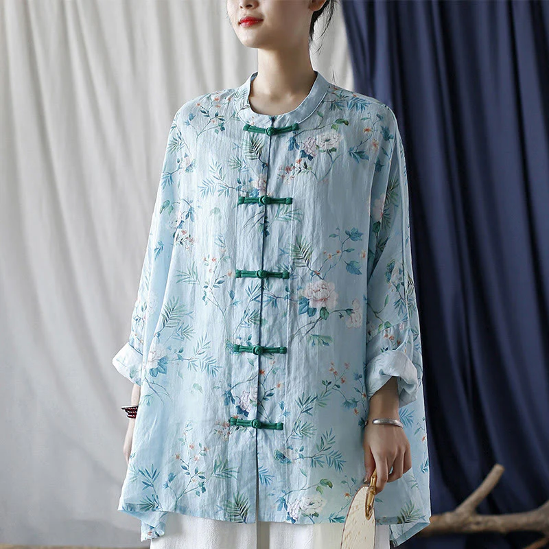 Giacca camicia in lino ramiè a maniche lunghe con bottoni a rana , Buddha Stones, fiori rosa verde chiaro, foglie verdi - Image 24