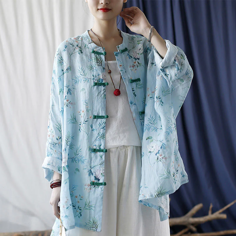 Giacca camicia in lino ramiè a maniche lunghe con bottoni a rana , Buddha Stones, fiori rosa verde chiaro, foglie verdi - Image 26